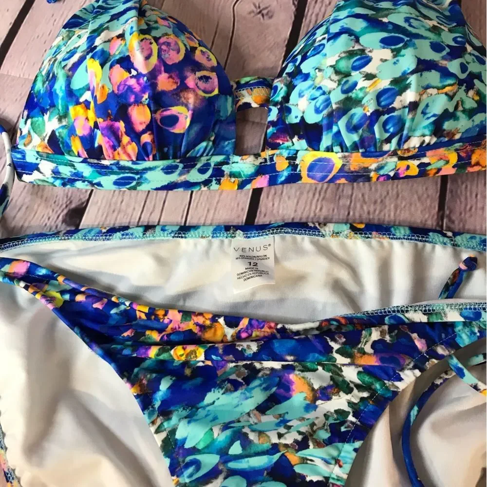NWOT Turquoise Pink Venus Goddess Bikini Halter Top (32A) String Bottoms (12)